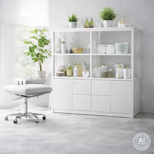 KI-generiertes Symbolbild für Physiofly Sports: heller Therapieraum mit Behandlungsstuhl, Schrank, Handtüchern und Pflegeprodukten.