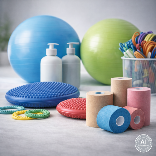 KI-generiertes Symbolbild für Physiofly Sports: Gymnastikbälle, Balancekissen, Therapiebänder und Kinesiotapes.