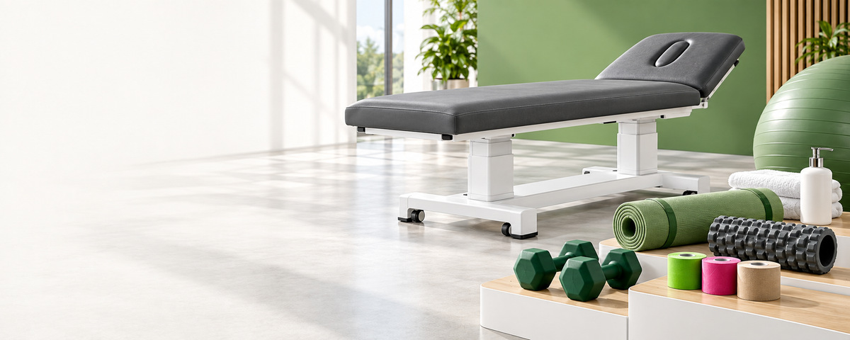 Therapieliege, Gymnastikball und Trainingszubehör in einem hellen Praxisraum.